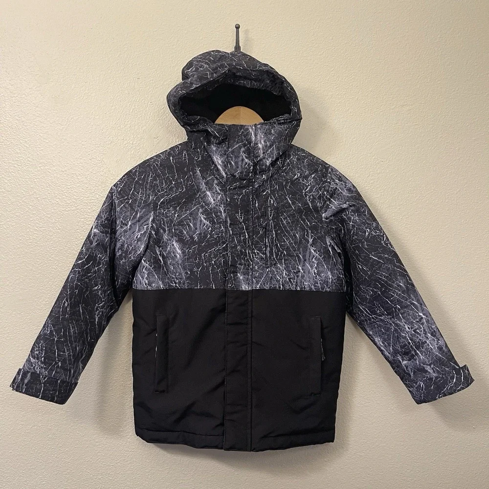 Children's Place Hooded Fall Winter Jacket Colorblock Black Gray Pattern S /5-6